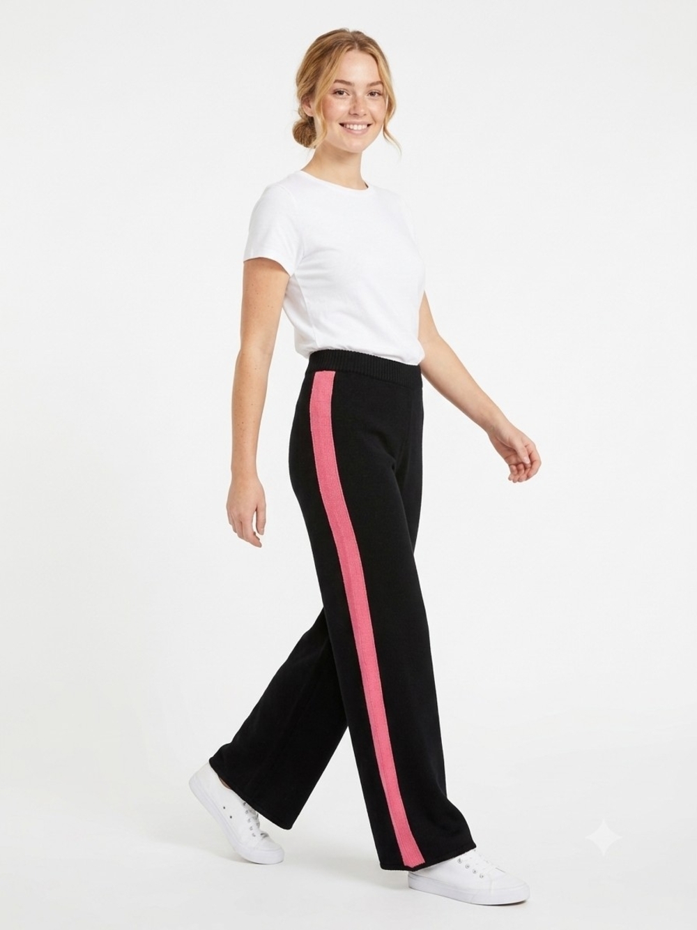 Vintage Havana Black Wide-Leg Knit Pants with Pink Side Stripe